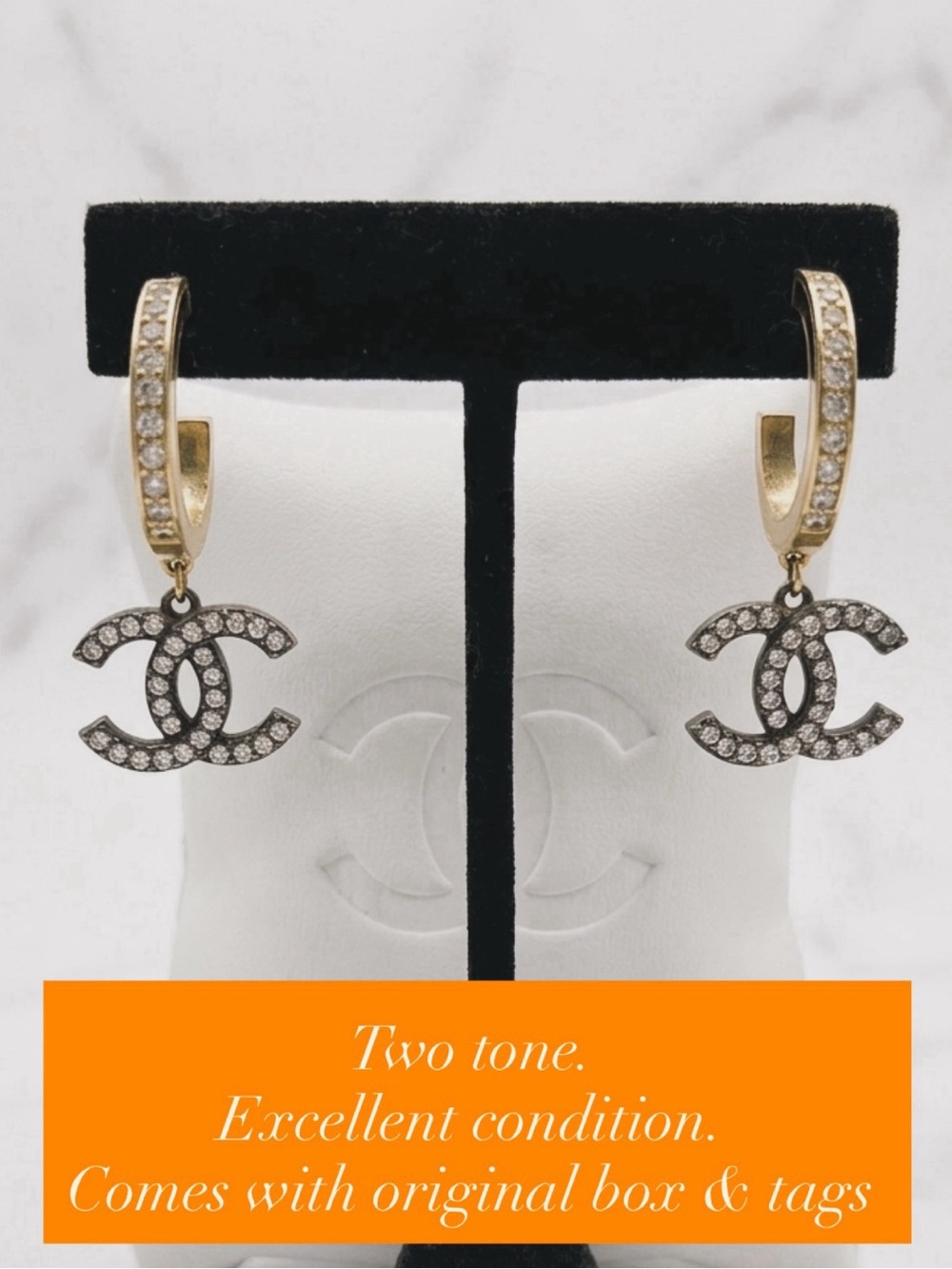 CHANEL Two-Tone Crystal CC Drop Hoop Earrings - Gold & Silver